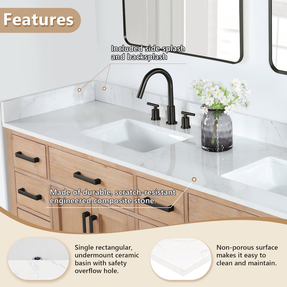 Ceres 84. in Engineered Stone Vanity Top in Grain White with Double White Sink