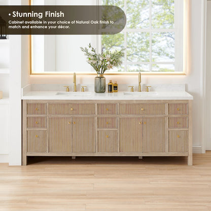 Double Bathroom Vanity in Nature Oak Grain White Engineered Stone Countertop