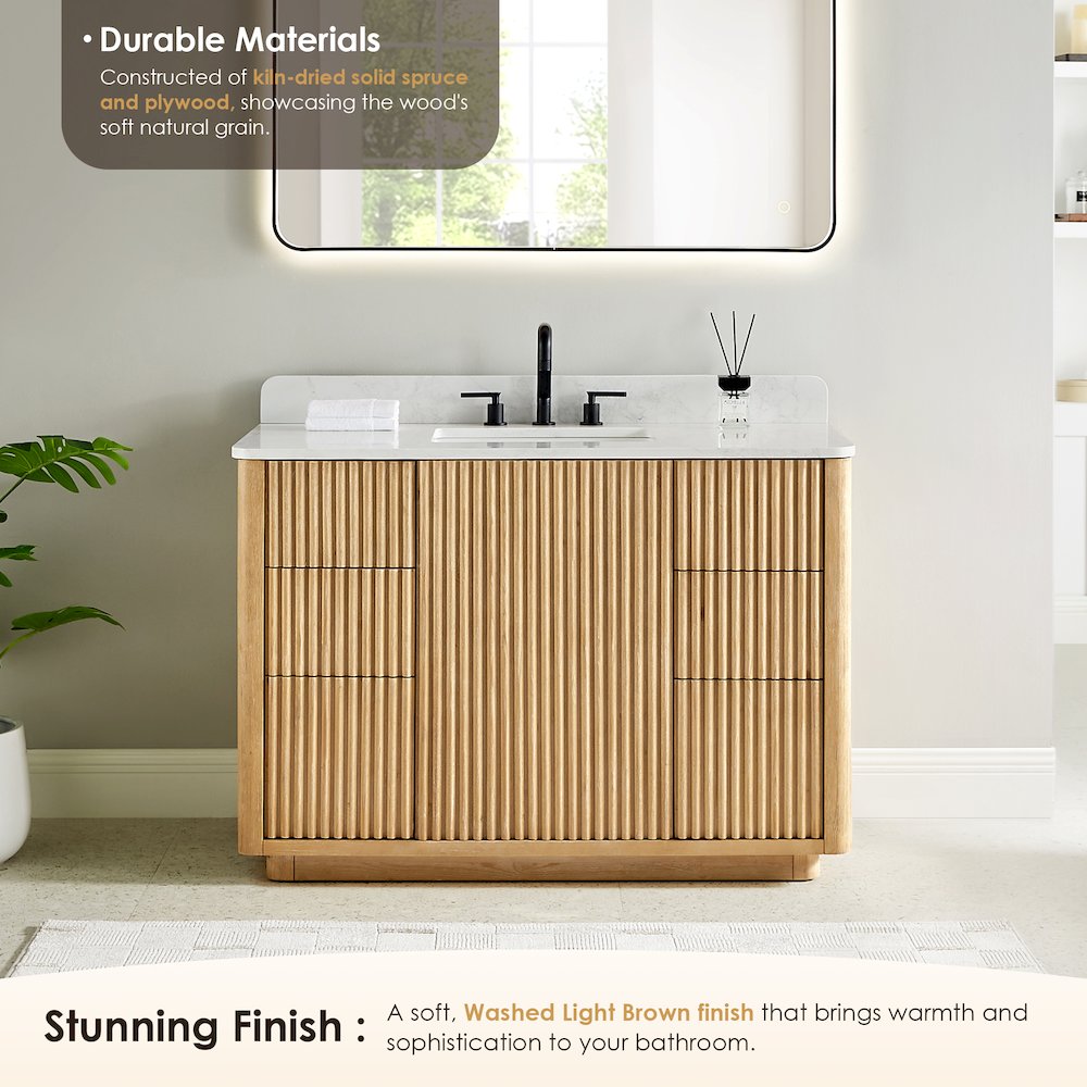 48" Single Bathroom Vanity in Washed Light Brown with Grain White