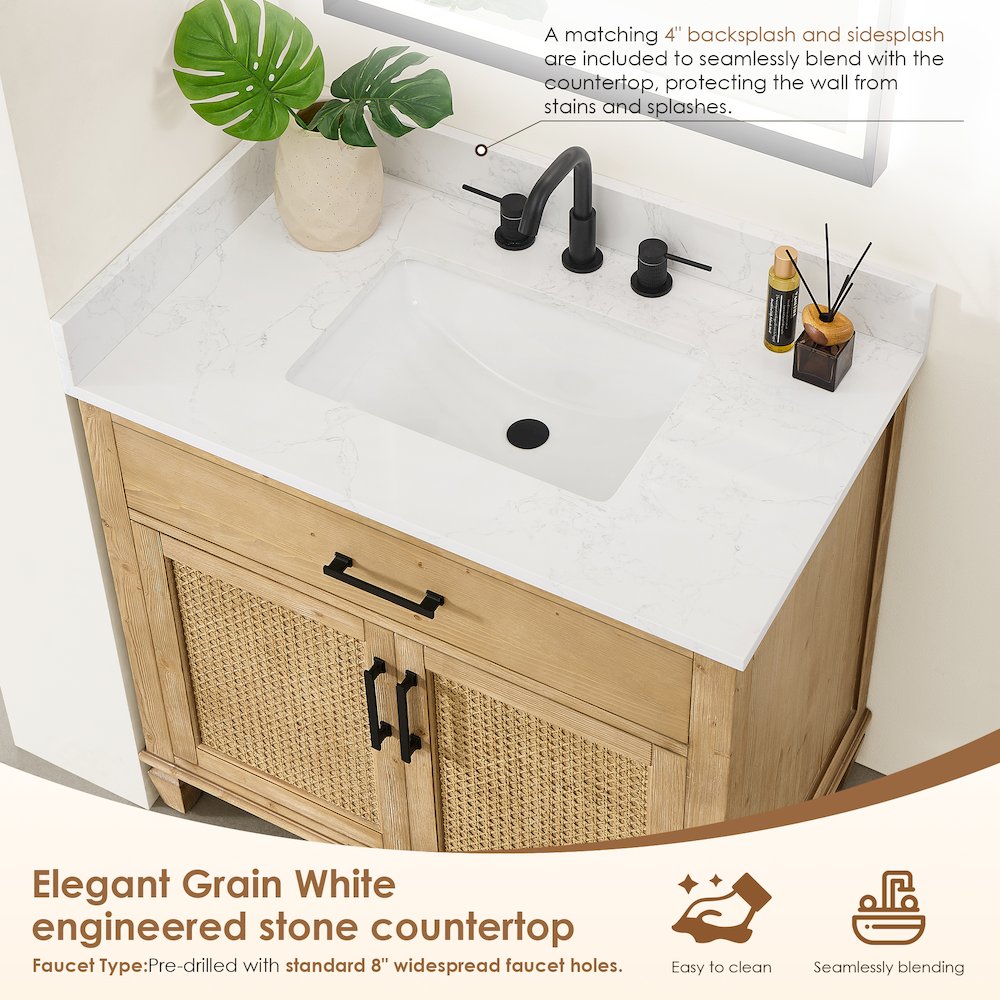 36" Single Bathroom Vanity in with Grain White Engineered Stone Countertop