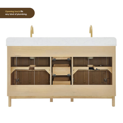 Double Bathroom Vanity in Washing Light Brown Grain White Engineered Stone