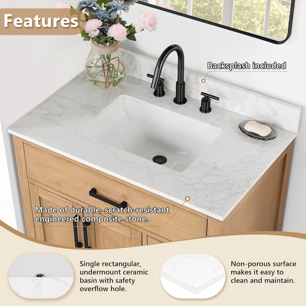 Ceres 37. in Engineered Stone Vanity Top in Grain White with Single White Sink