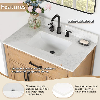 Ceres 37. in Engineered Stone Vanity Top in Grain White with Single White Sink