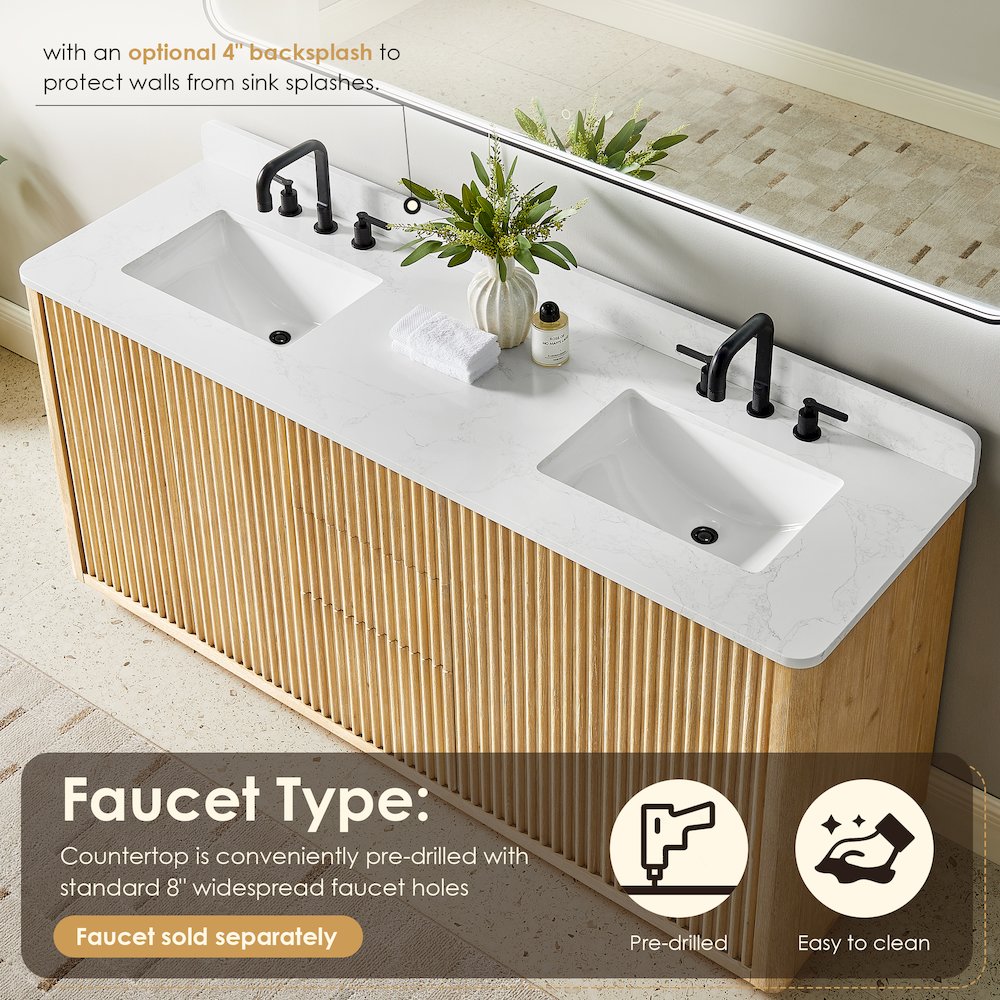 72" Double Bathroom Vanity in Washed Light Brown with Grain White