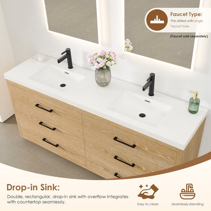 72" Double Bathroom Vanity in White Oak with White Artificial Drop-in Sink