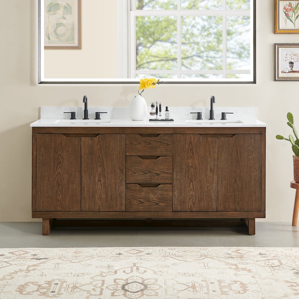 72" Double Bathroom Vanity in Brown Brushed Oak with Grain White