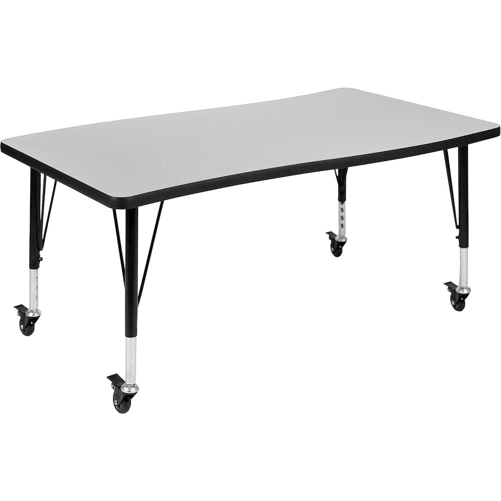 Mobile 28"W x 47.5"L Rectangular Wave Flexible Collaborative Grey Thermal Laminate Activity Table - Height Adjustable Short Legs