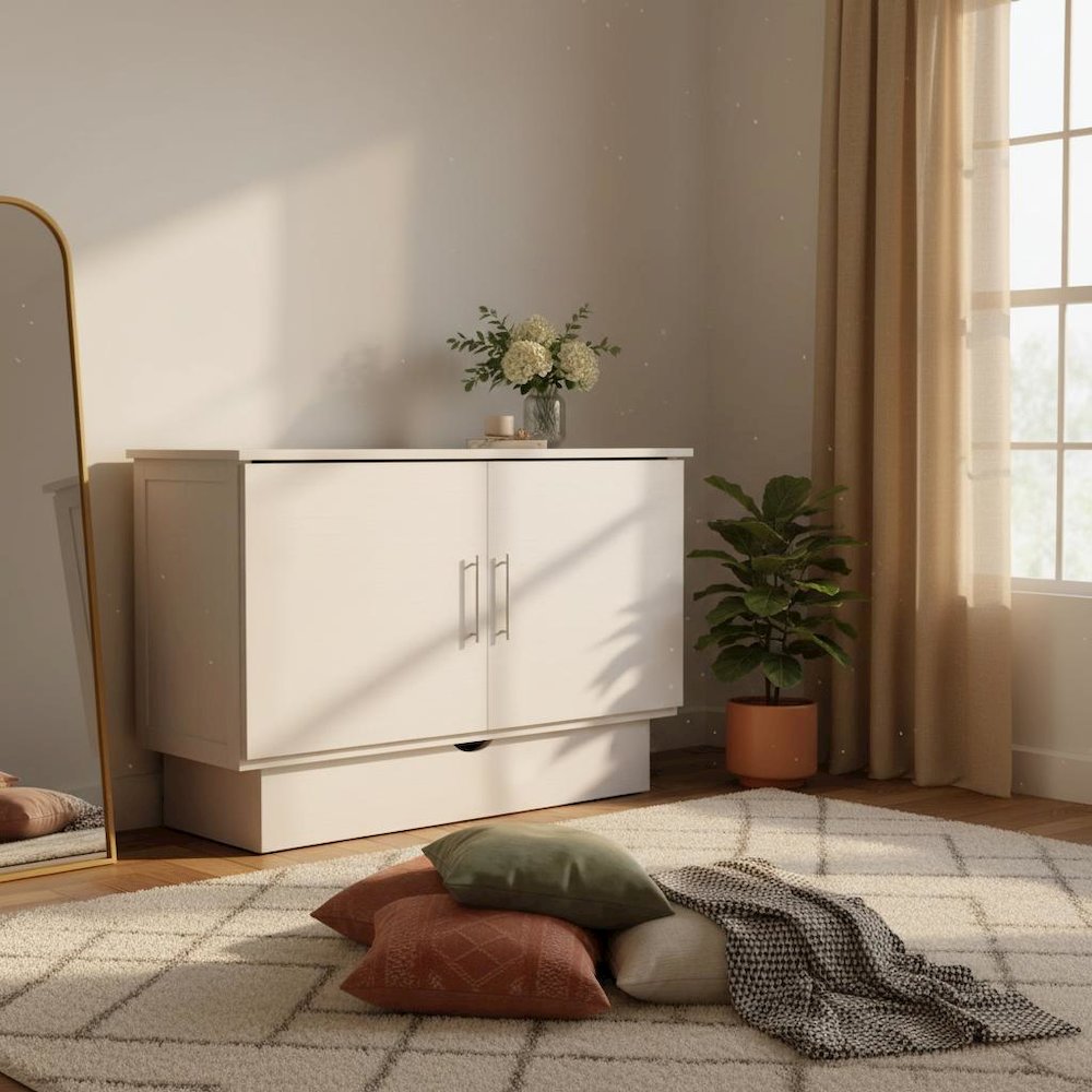 White Queen Wood Cabinet Bed with Compact Design and Usable Top Surface