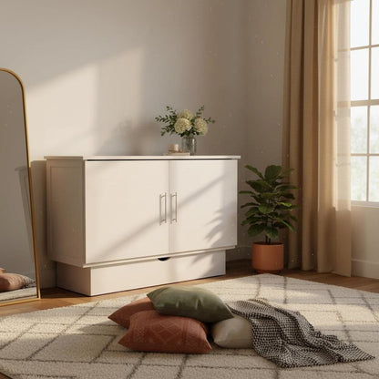 White Queen Wood Cabinet Bed with Compact Design and Usable Top Surface