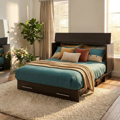 Coffee Wood Queen Size Cabinet Bed with Black Finish and Murphy Wall Design