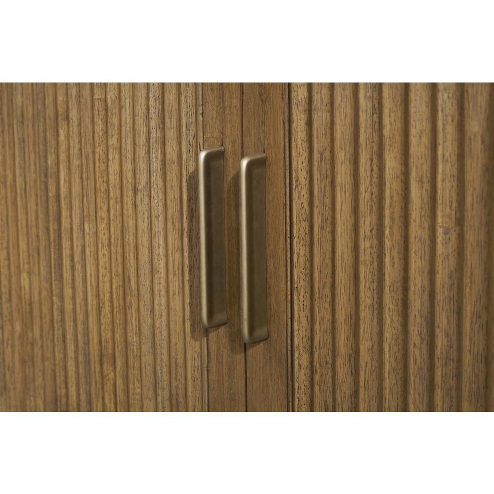 Queen Flip-Top Cabinet Bed in Warm Brown with Reeded Wood Design, Metal Glides