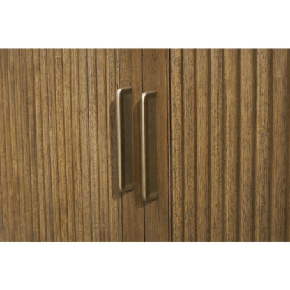 Queen Flip-Top Cabinet Bed in Warm Brown with Reeded Wood Design, Metal Glides
