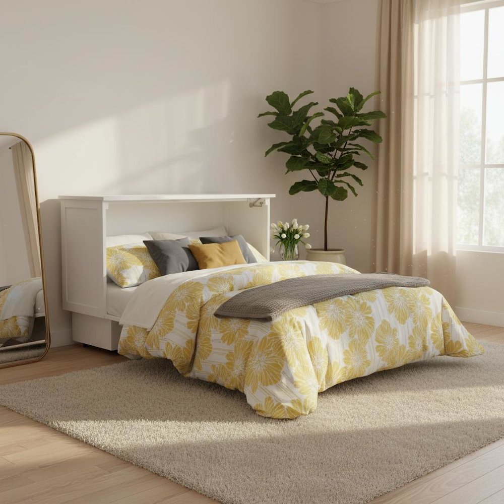 White Queen Wood Cabinet Bed with Compact Design and Usable Top Surface