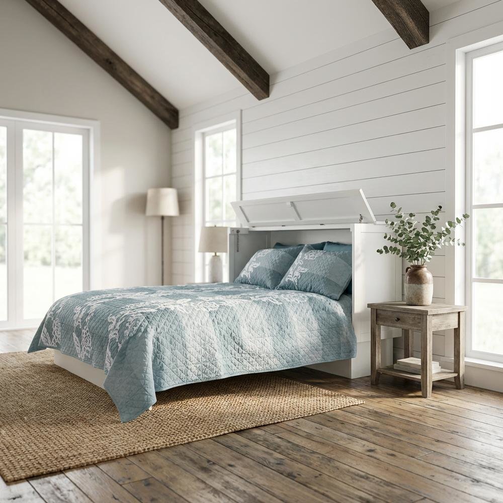 White Wood Queen Cabinet Bed Free Standing Sleeper with Usable Top Surface