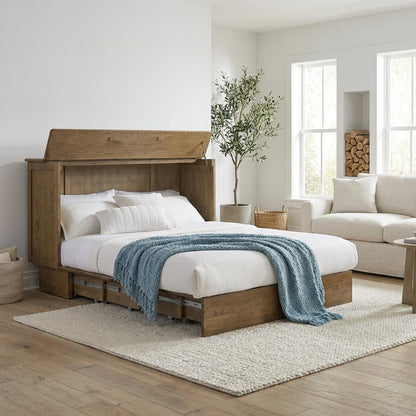 Queen Flip-Top Cabinet Bed in Warm Brown with Reeded Wood Design, Metal Glides