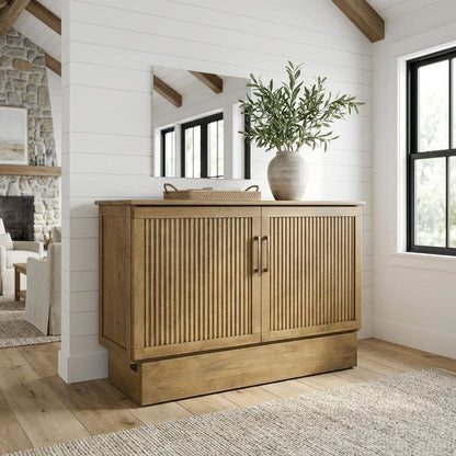 Queen Flip-Top Cabinet Bed in Warm Brown with Reeded Wood Design, Metal Glides