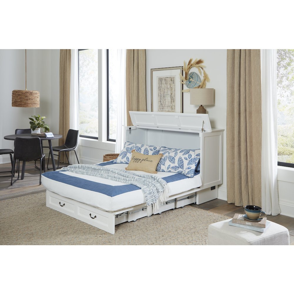 White Queen Cabinet Bed, Integrated USB Port,Wicker Detail Premium Guest Sleeper