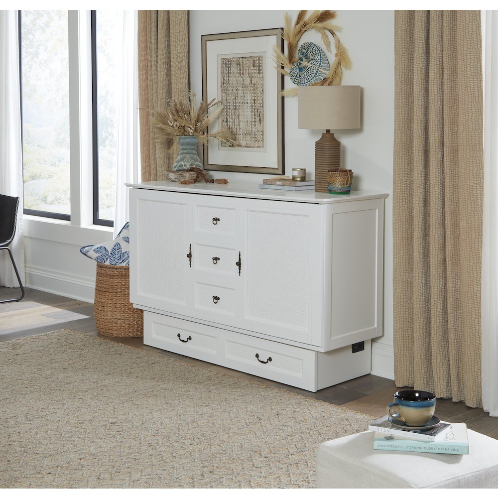 White Queen Cabinet Bed, Integrated USB Port,Wicker Detail Premium Guest Sleeper
