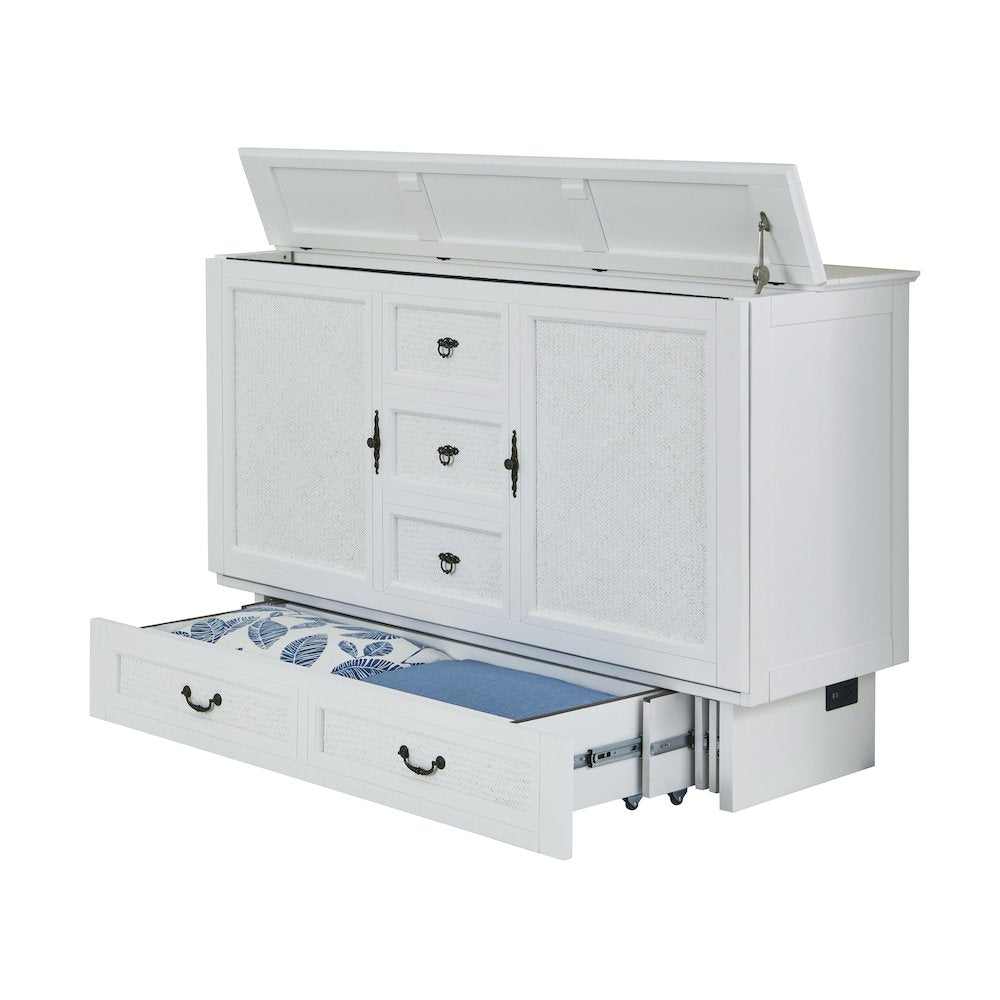 White Queen Cabinet Bed, Integrated USB Port,Wicker Detail Premium Guest Sleeper