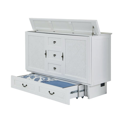 White Queen Cabinet Bed, Integrated USB Port,Wicker Detail Premium Guest Sleeper