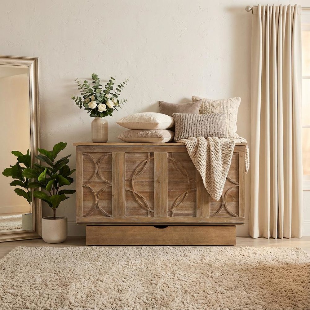 Queen Size Wood Murphy Cabinet Bed Light Brown with Compact Free Standing Design