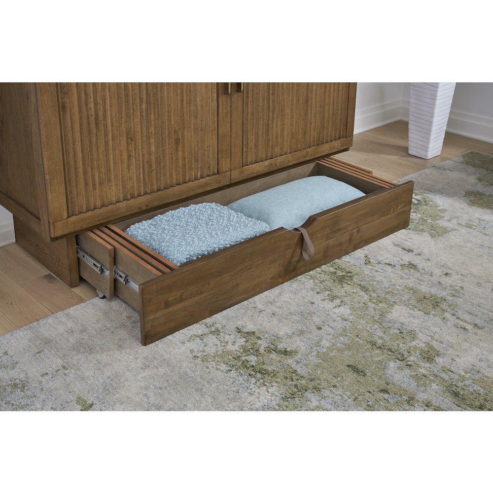 Queen Cabinet Bed in Warm Brown with Reeded Design Details Flip-Top