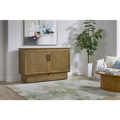Queen Cabinet Bed in Warm Brown with Reeded Design Details Flip-Top
