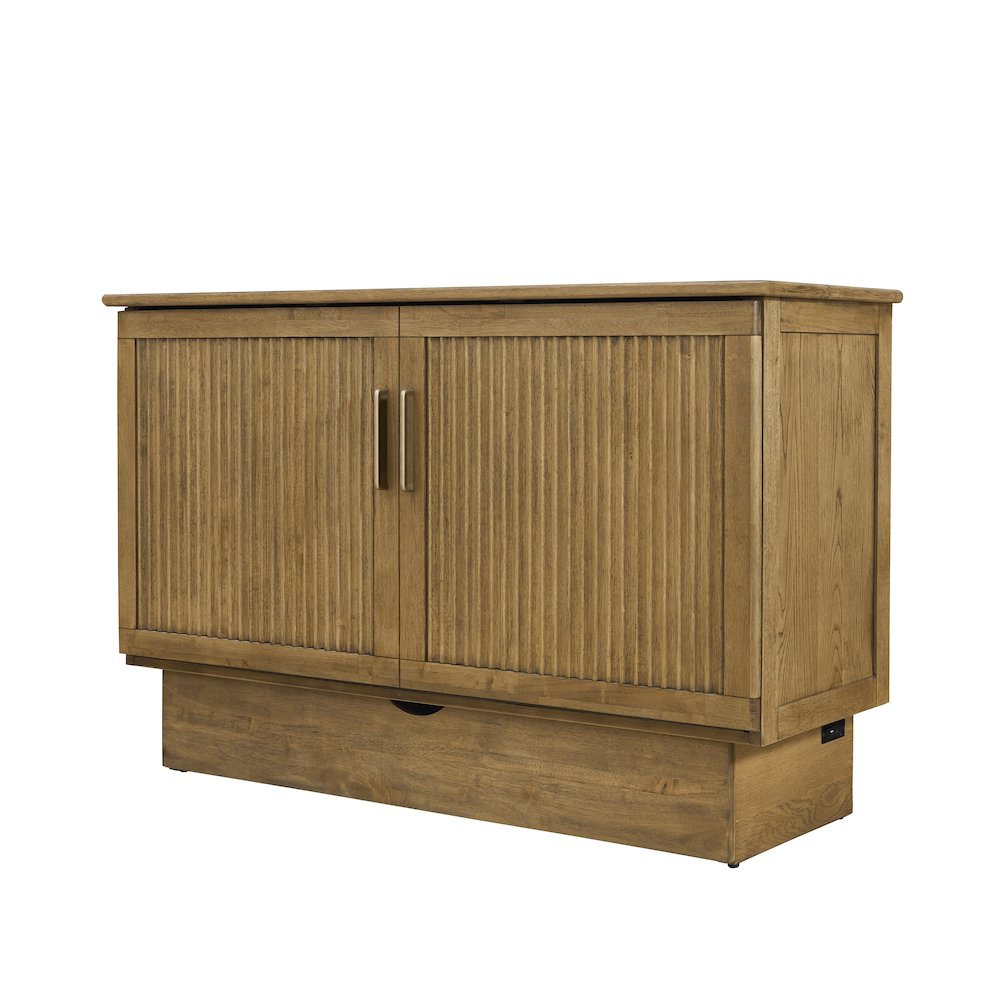 Queen Cabinet Bed in Warm Brown with Reeded Design Details Flip-Top