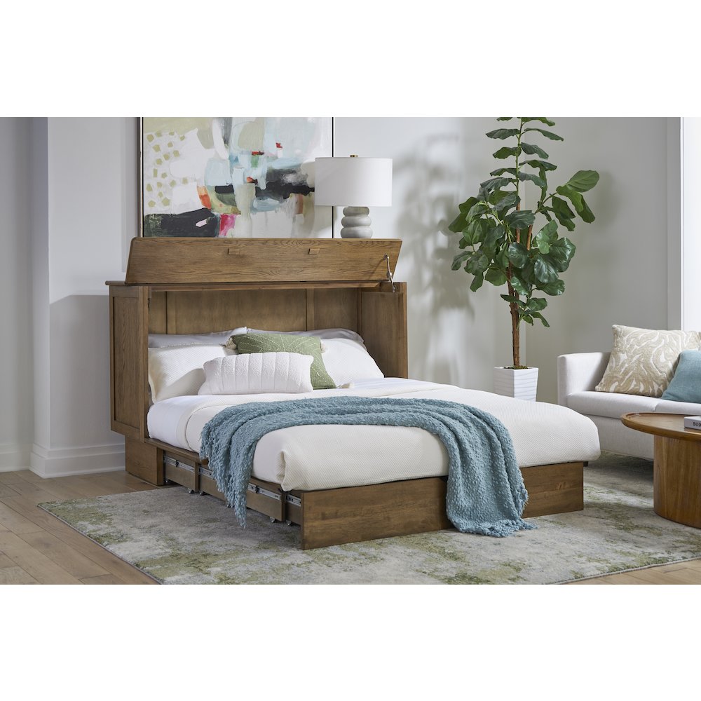 Queen Cabinet Bed in Warm Brown with Reeded Design Details Flip-Top