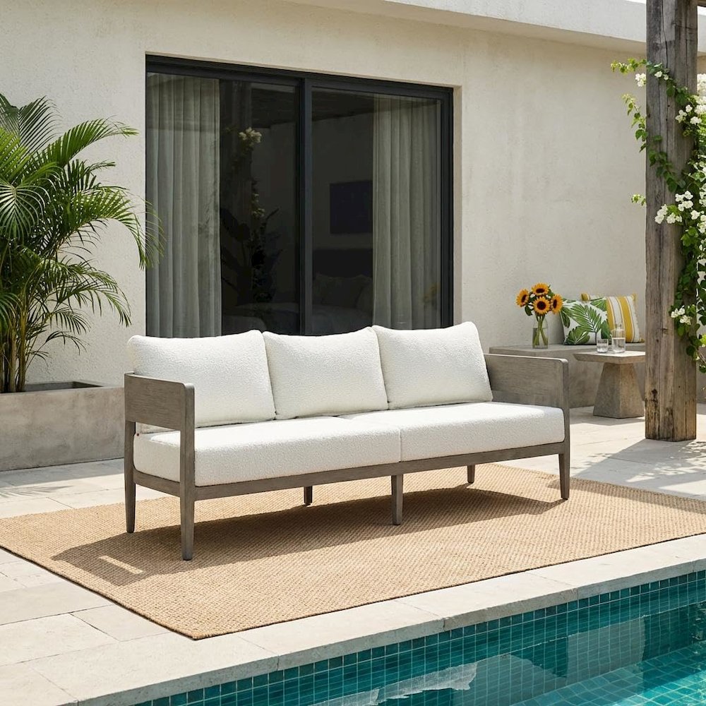 Beige Outdoor Sofa, 3-Seat Patio Couch With Aluminum Frame Design