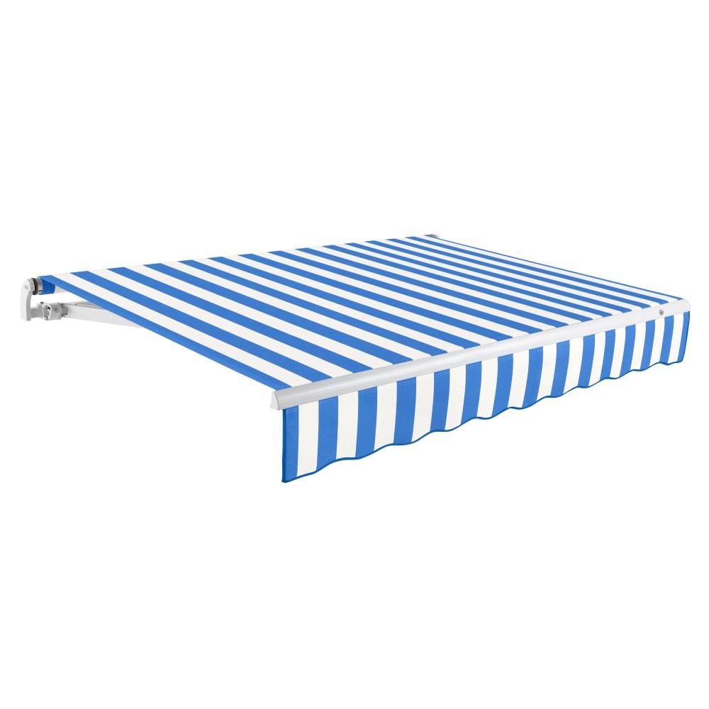 Maui Right Motorized Patio Retractable Awning, Bright Blue/White Stripe