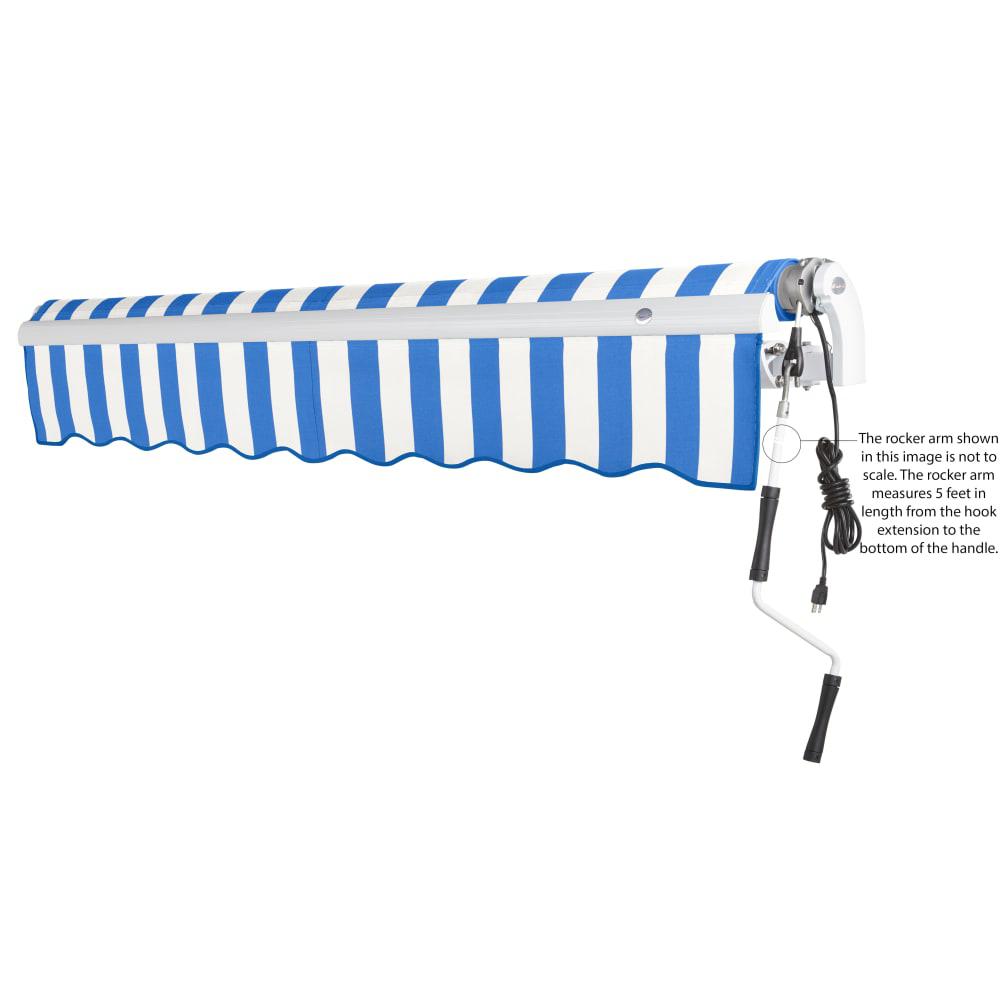 Maui Right Motorized Patio Retractable Awning, Bright Blue/White Stripe