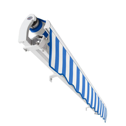 Maui Right Motorized Patio Retractable Awning, Bright Blue/White Stripe