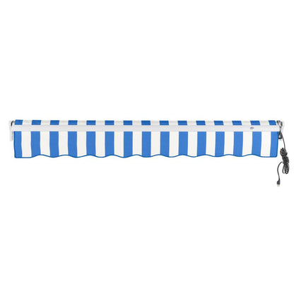 Maui Right Motorized Patio Retractable Awning, Bright Blue/White Stripe