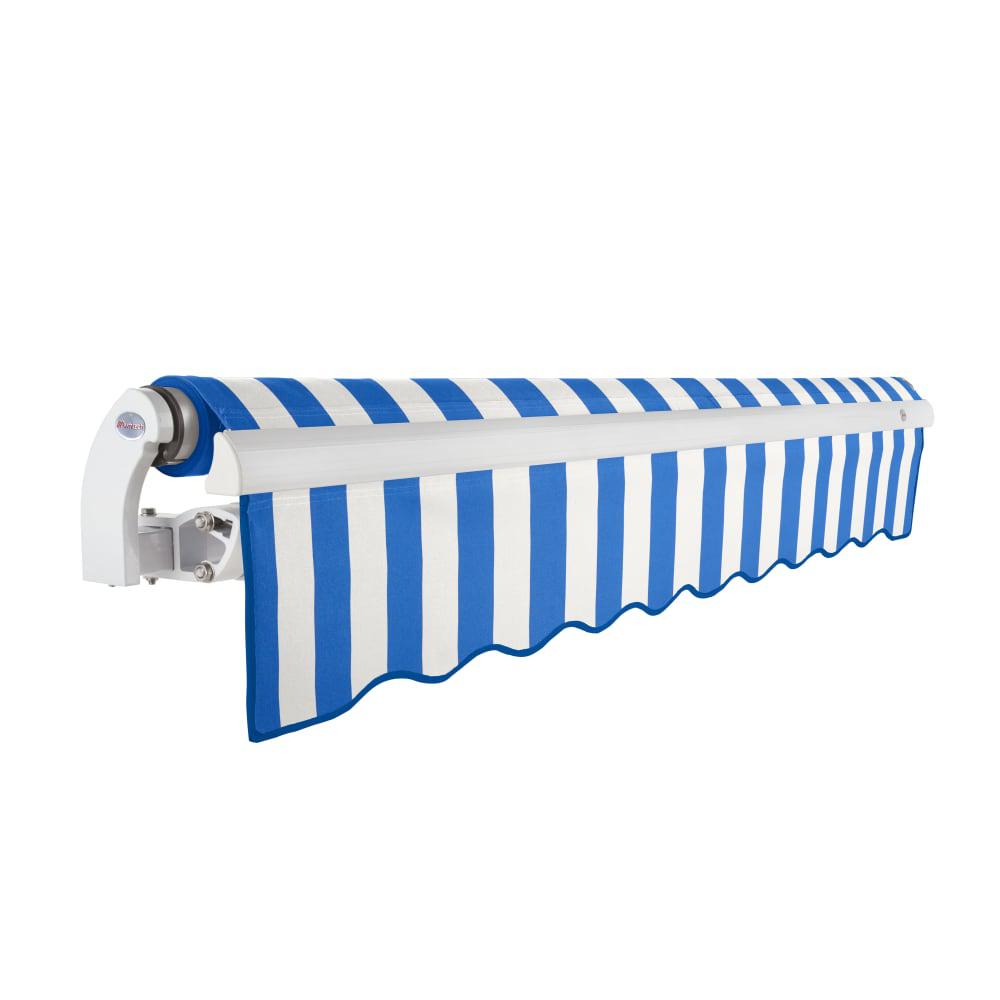 Maui Right Motorized Patio Retractable Awning, Bright Blue/White Stripe