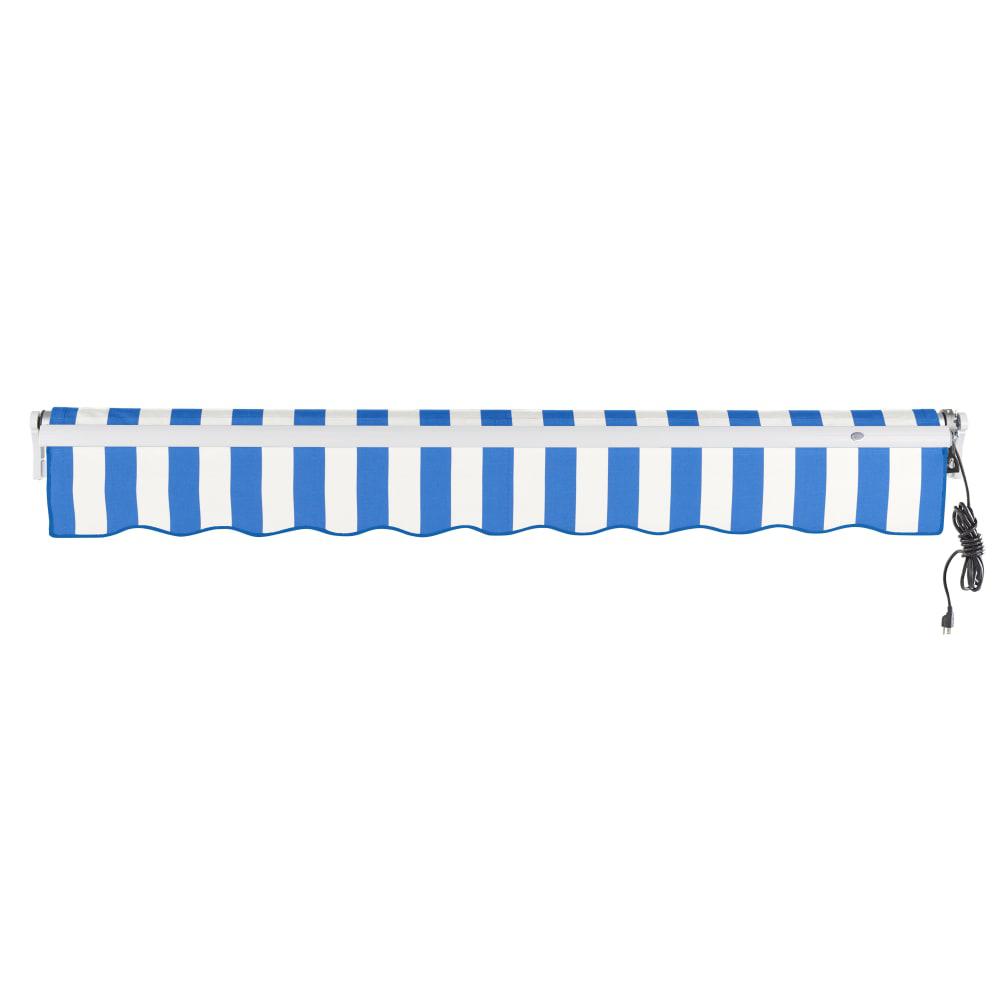 Maui Right Motorized Patio Retractable Awning, Bright Blue/White Stripe