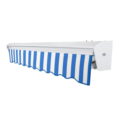 Destin Left Motorized Patio Retractable Awning, Bright Blue/White Stripe