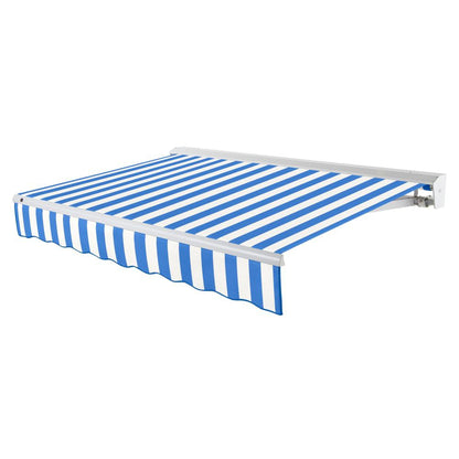 Destin Left Motorized Patio Retractable Awning, Bright Blue/White Stripe