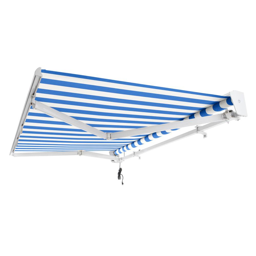 Destin Left Motorized Patio Retractable Awning, Bright Blue/White Stripe