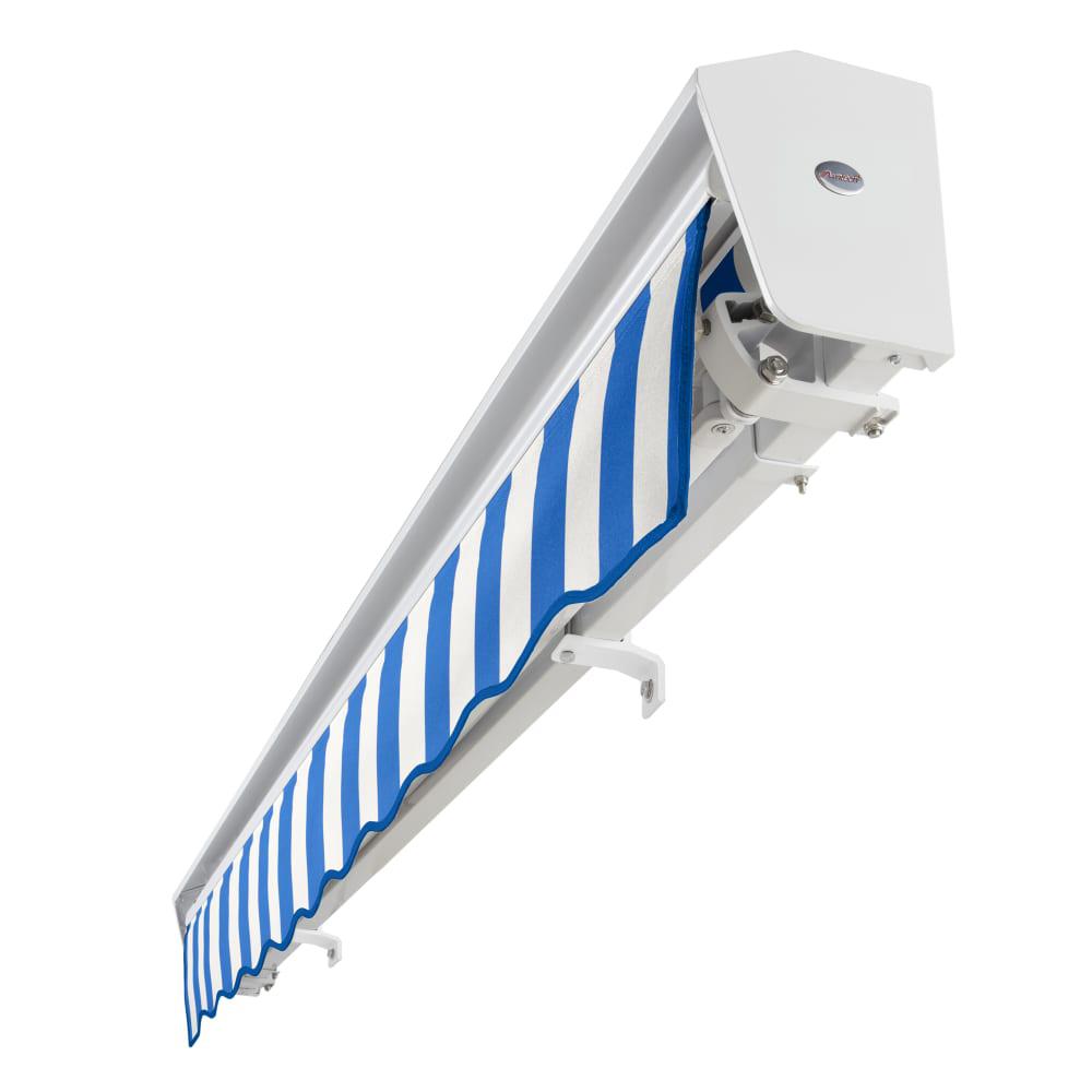 Destin Left Motorized Patio Retractable Awning, Bright Blue/White Stripe