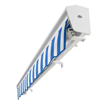 Destin Left Motorized Patio Retractable Awning, Bright Blue/White Stripe