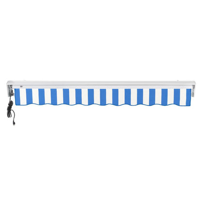 Destin Left Motorized Patio Retractable Awning, Bright Blue/White Stripe