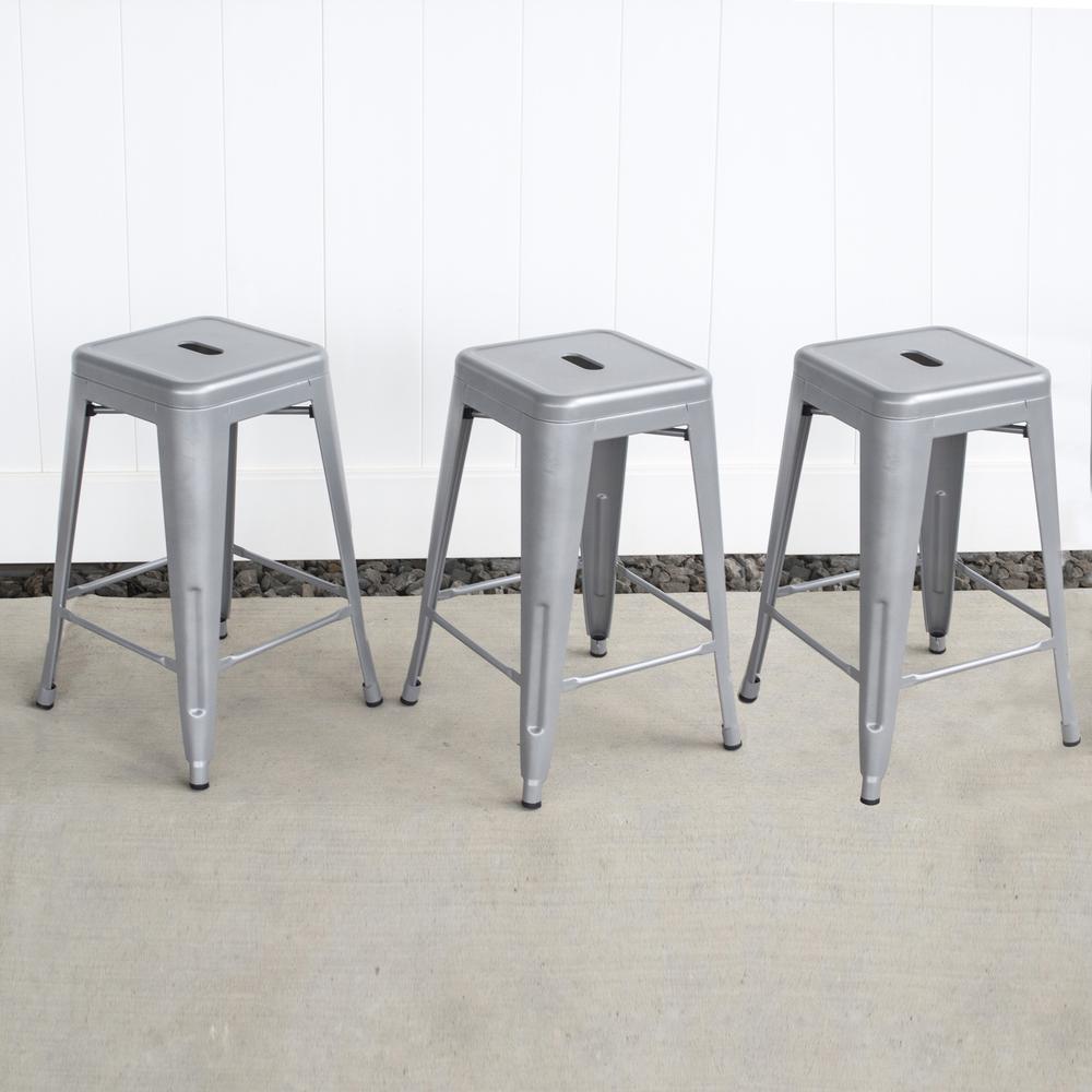 AmeriHome Loft Silver 24 in. Metal Bar Stool - 3 Piece