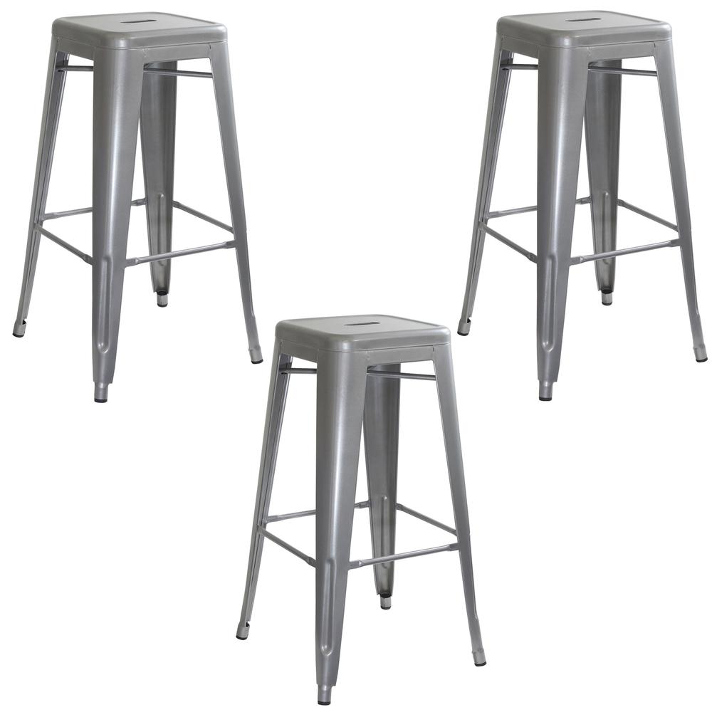 AmeriHome Loft Silver Metal Bar Stool - 3 Piece