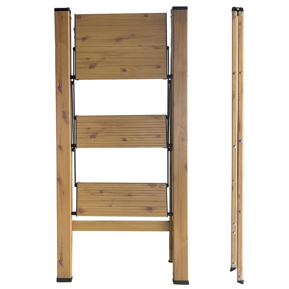 3 Step Aluminum Wood Grain Folding Ladder