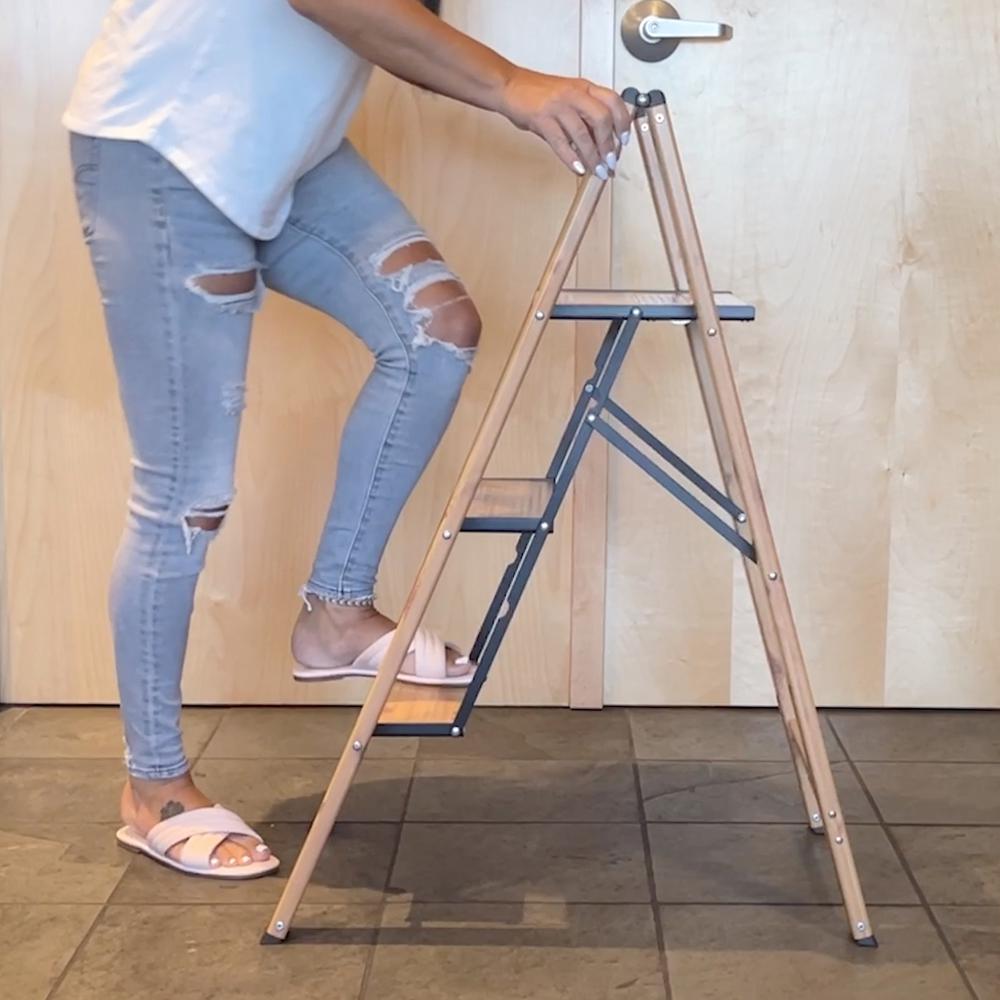 3 Step Aluminum Wood Grain Folding Ladder