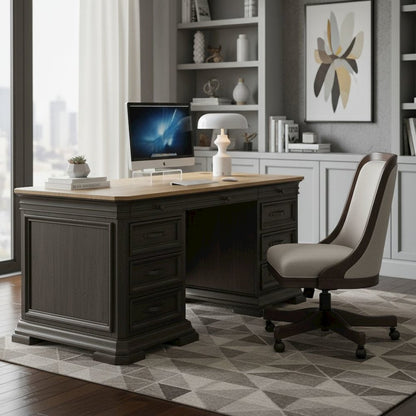 Double Pedestal Executive Desk, 7 Drawers, Locking File, Brown