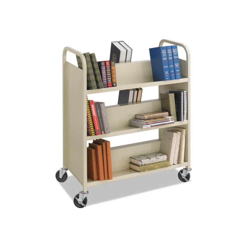 Steel Double-Sided Book Cart, Metal, 6 Shelves, 300 lb Capacity, 36" x 18.5" x 43.5", Sand