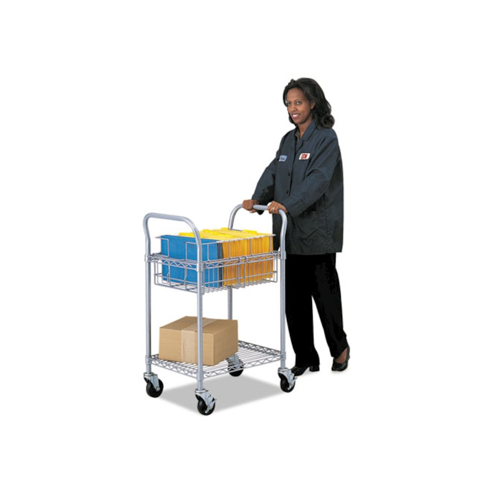 Dual-Purpose Wire Mail and Filing Cart, Metal, 1 Shelf, 1 Bin, 26.75" x 18.75" x 38.5", Metallic Gray