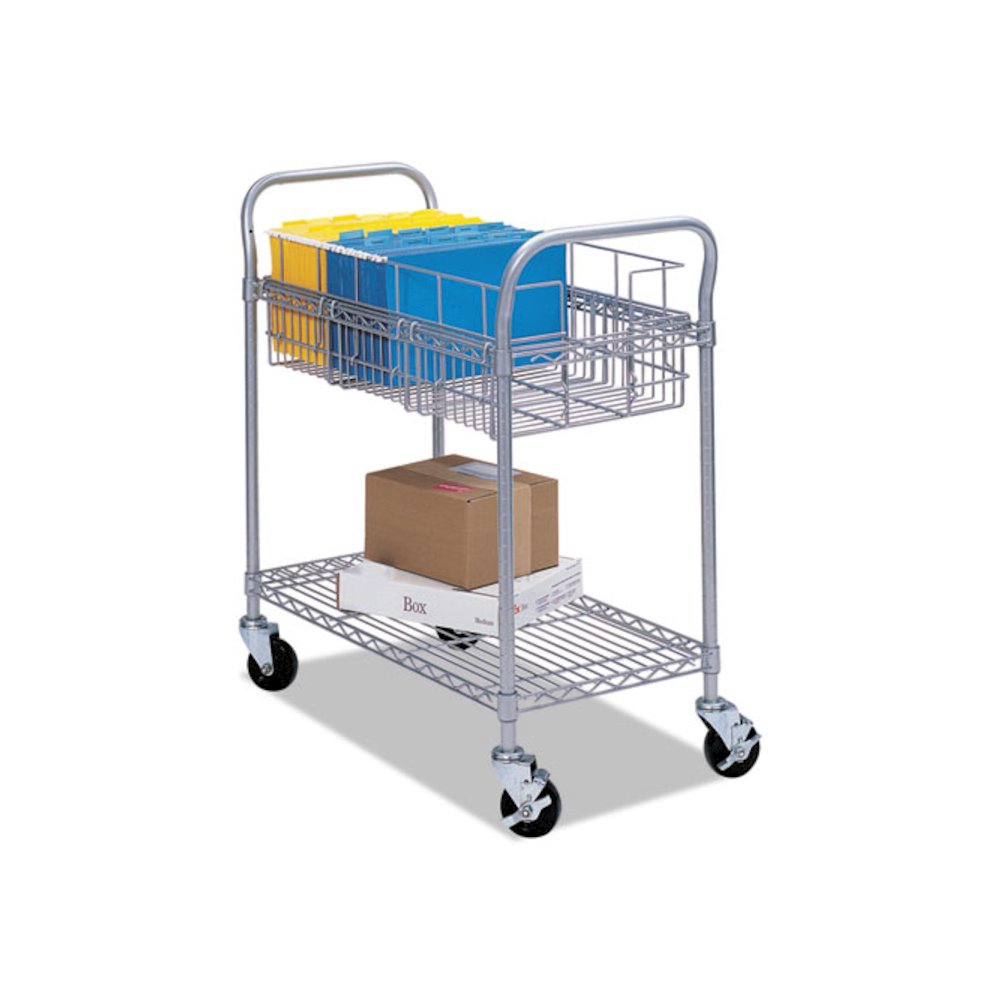 Dual-Purpose Wire Mail and Filing Cart, Metal, 1 Shelf, 1 Bin, 26.75" x 18.75" x 38.5", Metallic Gray